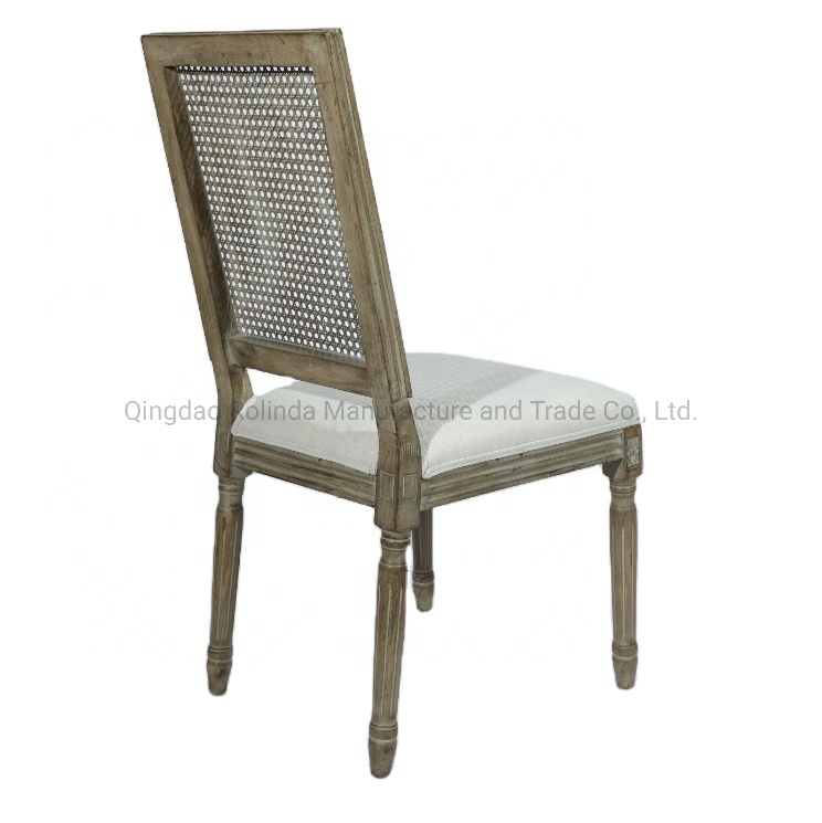 Antique General Use Wooden Round Back French Style Rattan Back Fabric Seat Louis Solid Wood Dining Chair Rectangle Square Back Chair