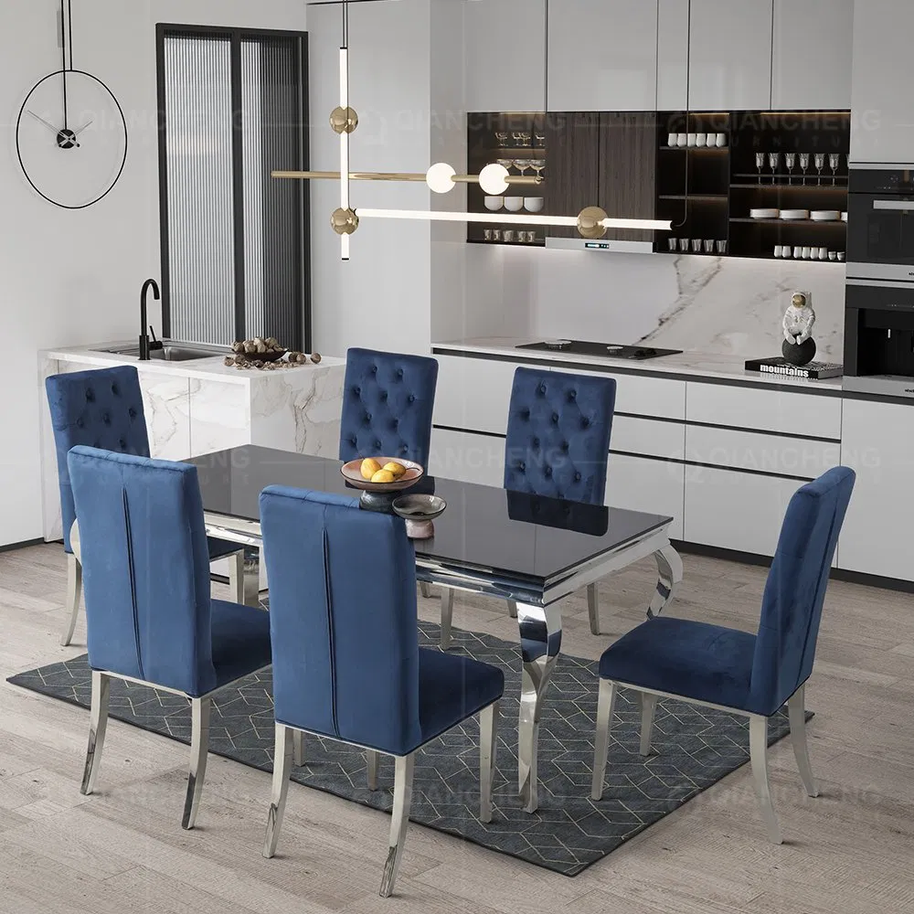 European Luxury Dining Set Black Glass Top Stainless Steel Legs 6 Seater Dining Table