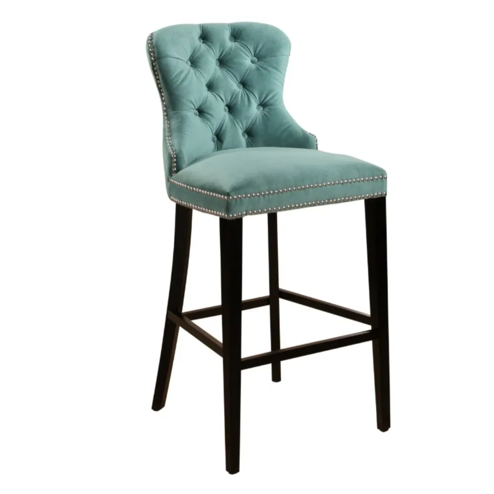 European Style Turfed Fabric Wooden Legs High Bar Chair Restaurant Dining Bar Stool