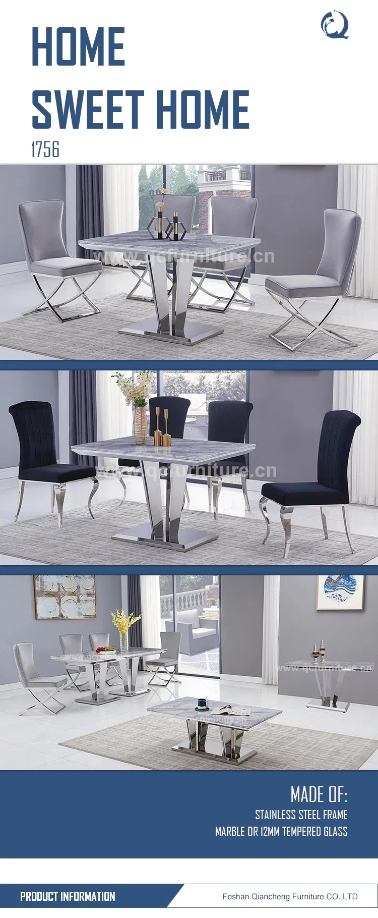 Foshan Dining Room Furniture Marble Modern Stainless Steel Dining Table