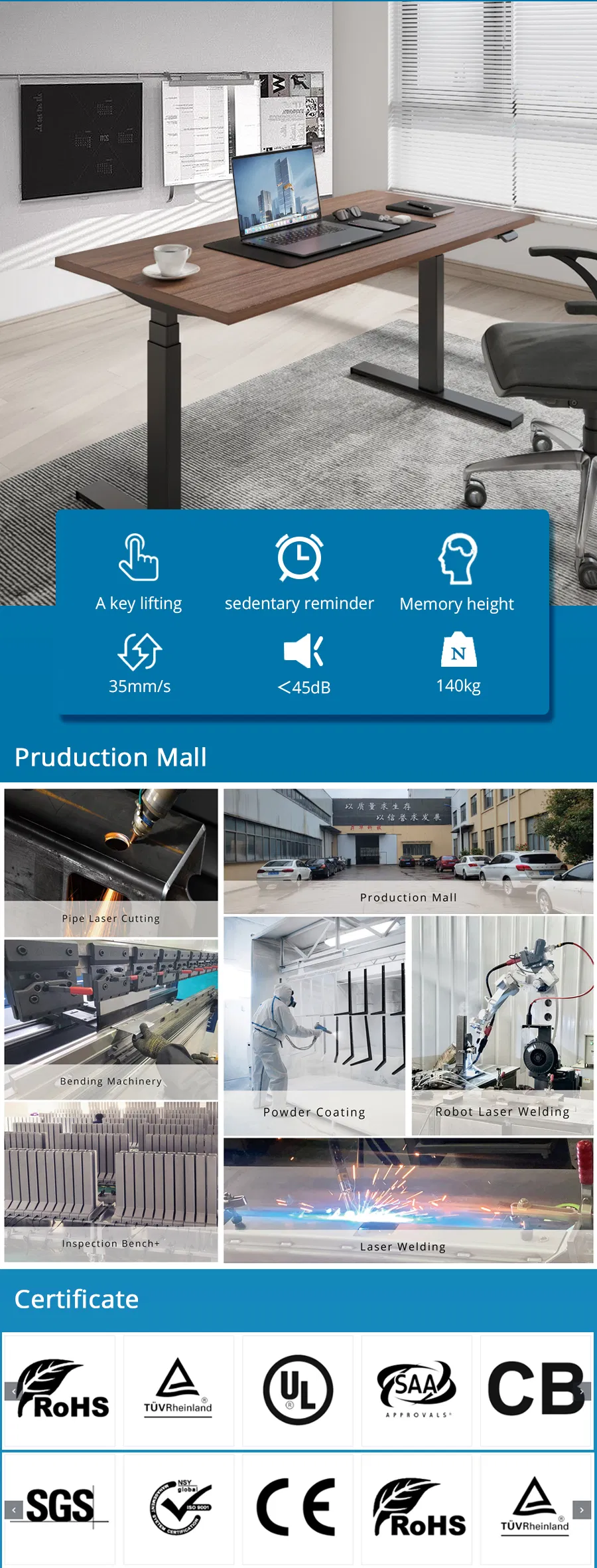 Metal and Stable 38-45 Decibel Electric Stand up Desk