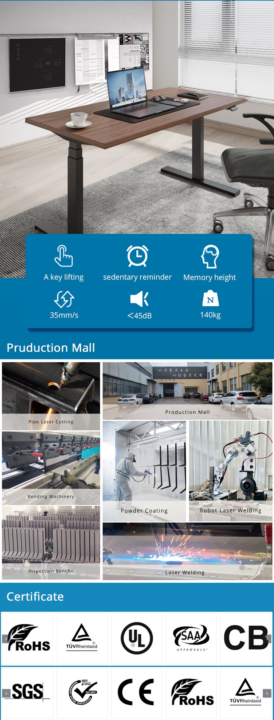 Reasonable Cost Electric Height Adjustable Base Office Standing Desk