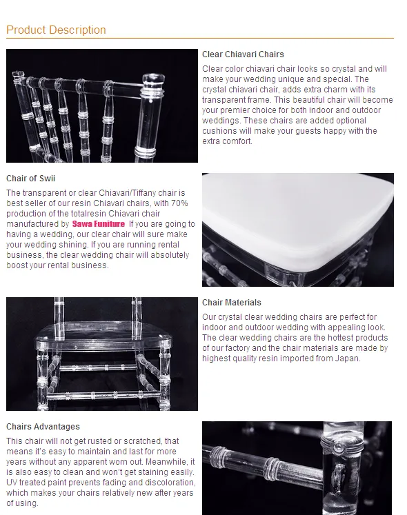 Wholesale Strong Wedding Party Event Clear Crystal Plastic Resin Acrylic Tiffany Chiavari Chair